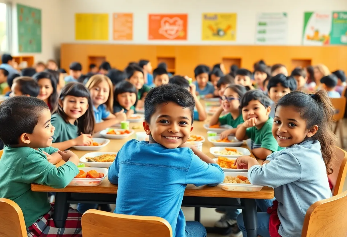 Diverse students sharing a meal in a school cafeteria