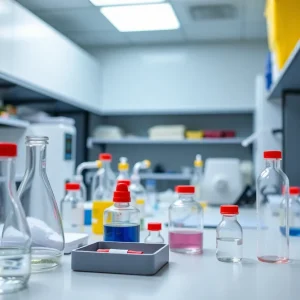 Image of a university research lab with safety protocols in focus
