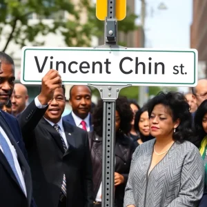 Newly unveiled street sign for Vincent Chin Street in Detroit.