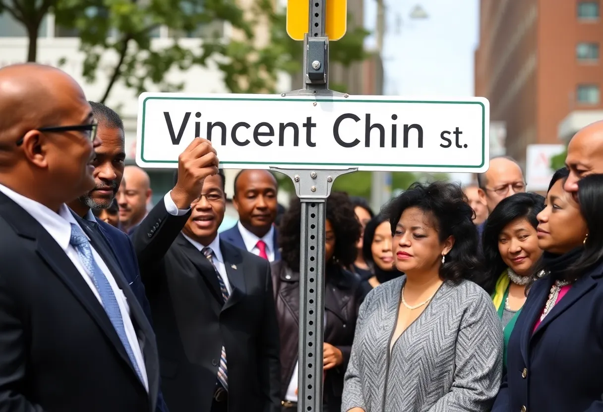 Newly unveiled street sign for Vincent Chin Street in Detroit.
