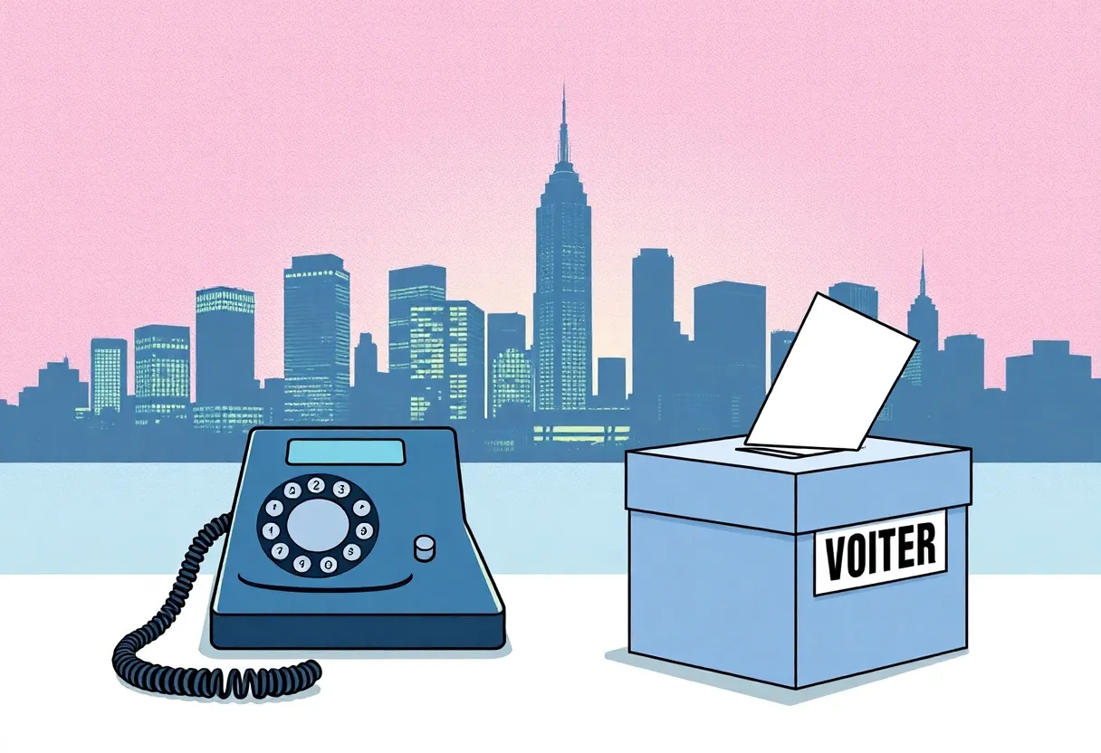 Illustration of a voter intimidation scheme with a telephone and a ballot box.