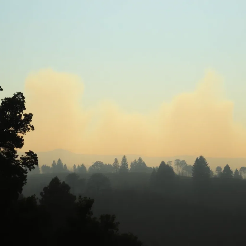 Hazy skyline and trees illustrating wildfire smoke effects on air quality in Michigan.