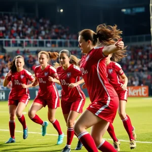 Michigan Wolverines women’s soccer team scoring a goal.