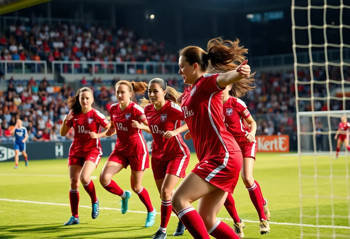Michigan Wolverines women’s soccer team scoring a goal.