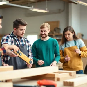 Young individuals participating in a carpentry workshop