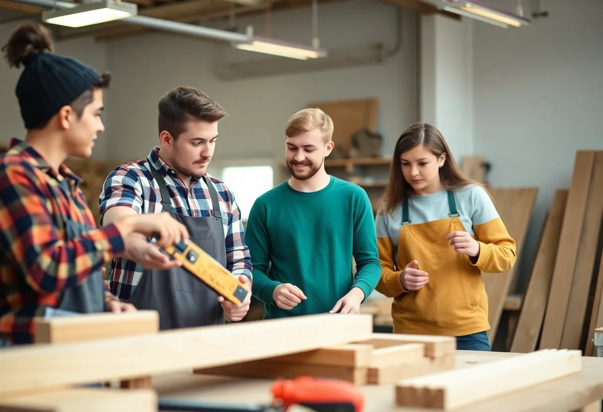 Young individuals participating in a carpentry workshop