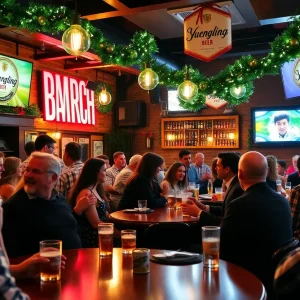 Crowds celebrating the launch of Yuengling beer at a bar in Michigan.