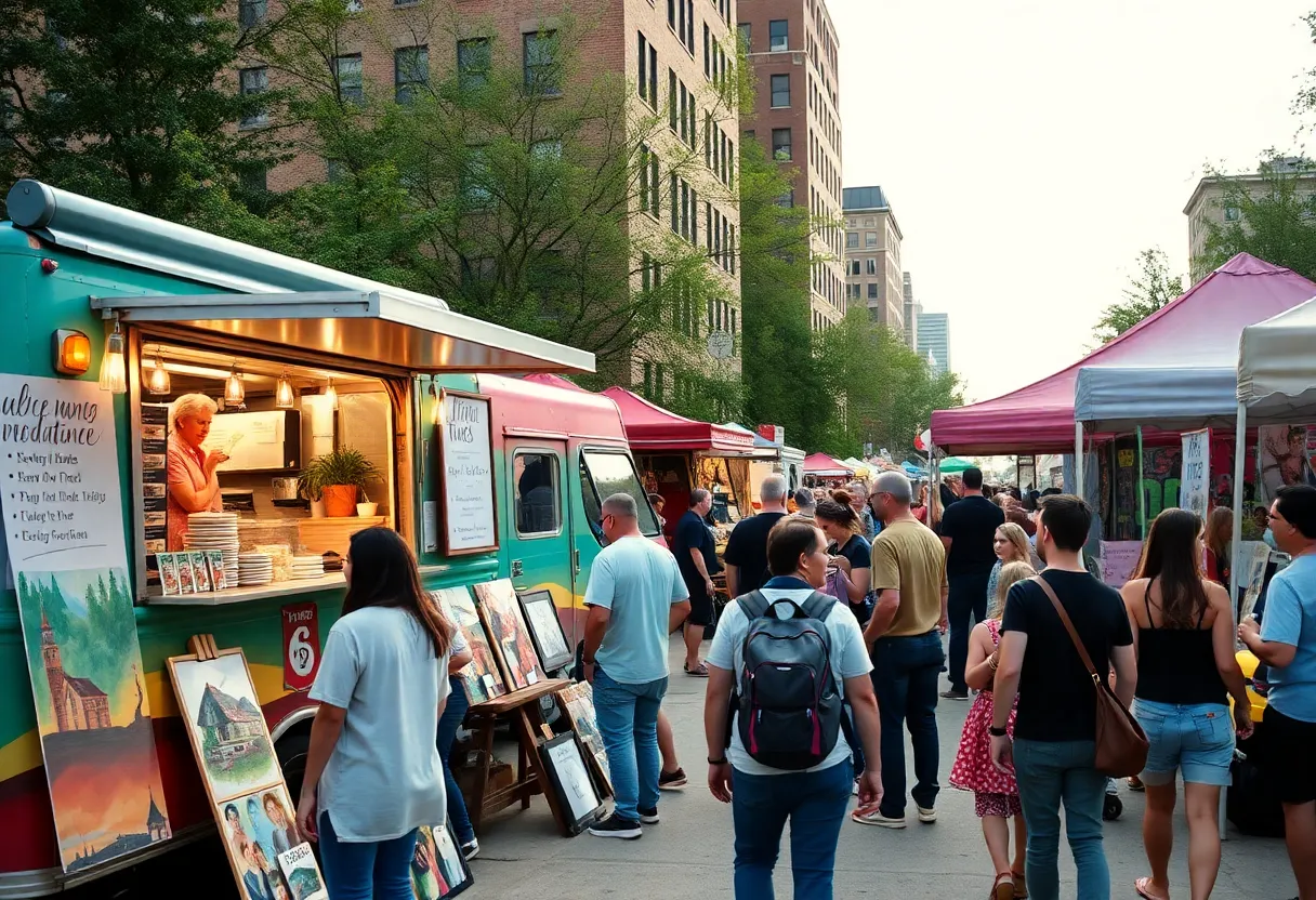 People enjoying the 6 Mile Street Festival in Detroit with food trucks and art displays.