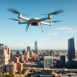 HERE Branding Bundle Drones flying over Michigan skyline representing advanced air mobility technology