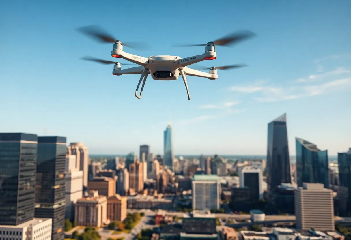 Drones flying over Michigan skyline representing advanced air mobility technology