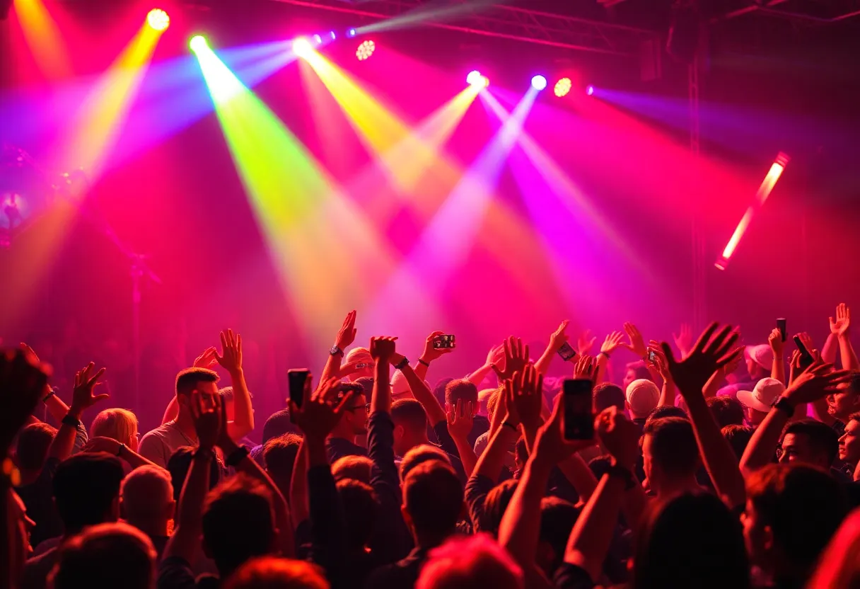Ashnikko concert atmosphere with fans and dynamic stage lighting.