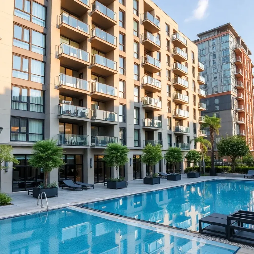 Luxury apartment complex with pool and fitness center