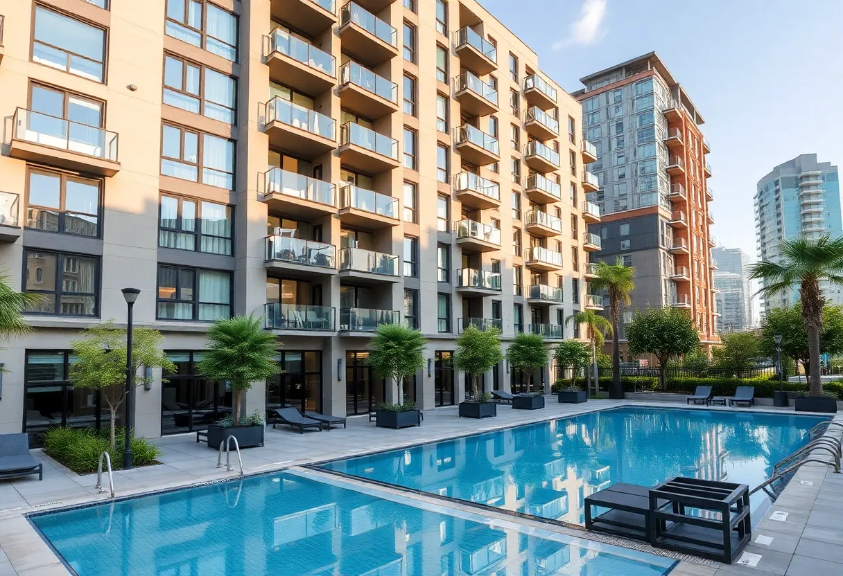 Luxury apartment complex with pool and fitness center