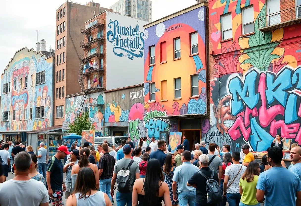 Mural artists creating large-scale artworks for the BLKOUT Walls Festival in Detroit.