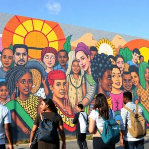 A large-scale mural representing community resilience at the BLKOUT Walls Mural Festival.