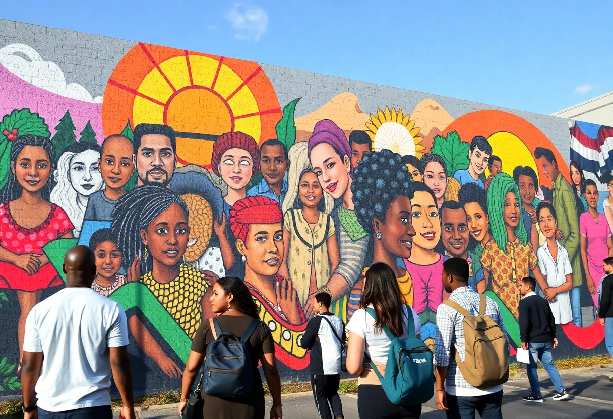 A large-scale mural representing community resilience at the BLKOUT Walls Mural Festival.