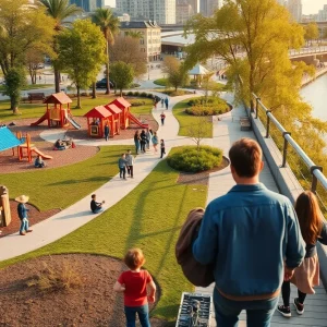 Families enjoying Ralph C. Wilson Jr. Centennial Park along the Detroit Riverwalk