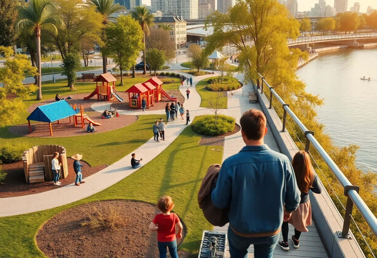 Families enjoying Ralph C. Wilson Jr. Centennial Park along the Detroit Riverwalk