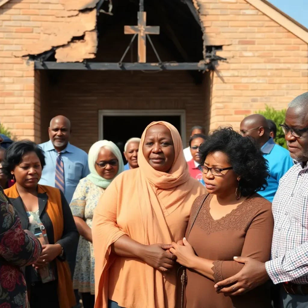 Community members gather in front of a damaged church, offering support.
