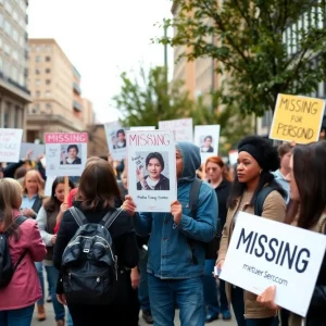 Community members gather to support the search for a missing person.