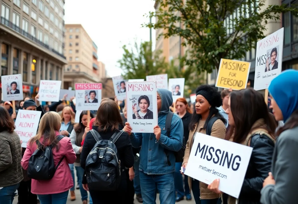 Community members gather to support the search for a missing person.