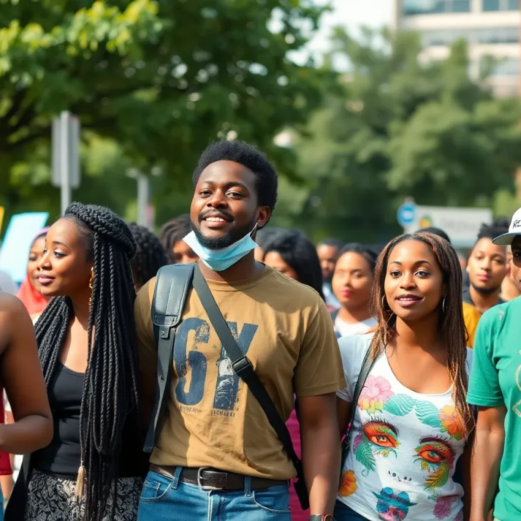 A diverse group of people celebrating community unity in Detroit.