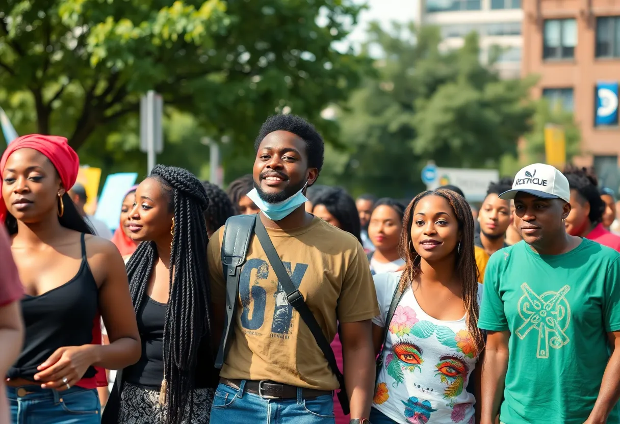 A diverse group of people celebrating community unity in Detroit.