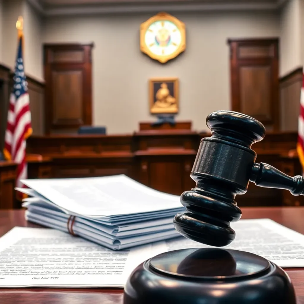 Courtroom setting with gavel and legal documents representing voting rights.
