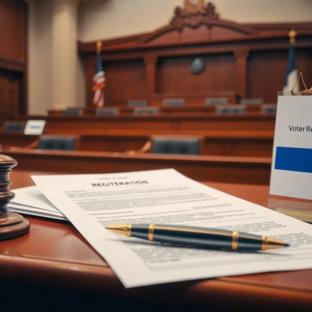 Courtroom scene illustrating issues surrounding voter registration and privacy.