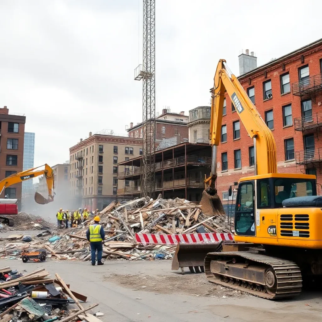 Demolition site in Detroit with heavy machinery