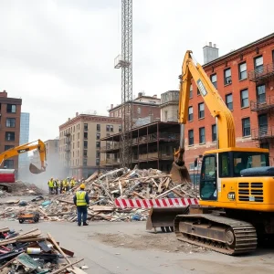 Demolition site in Detroit with heavy machinery