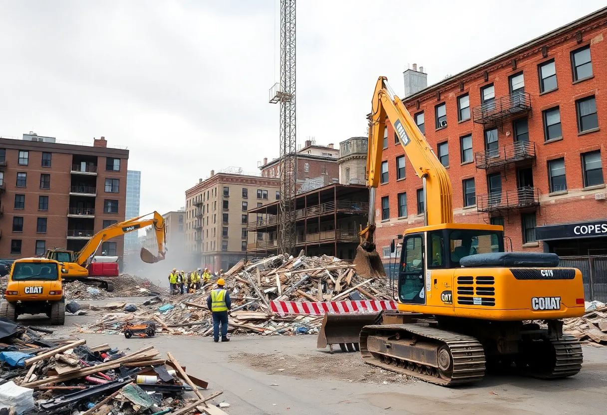 Demolition site in Detroit with heavy machinery