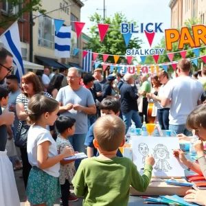 Families enjoying the Detroit Block Party with food, music, and art activities