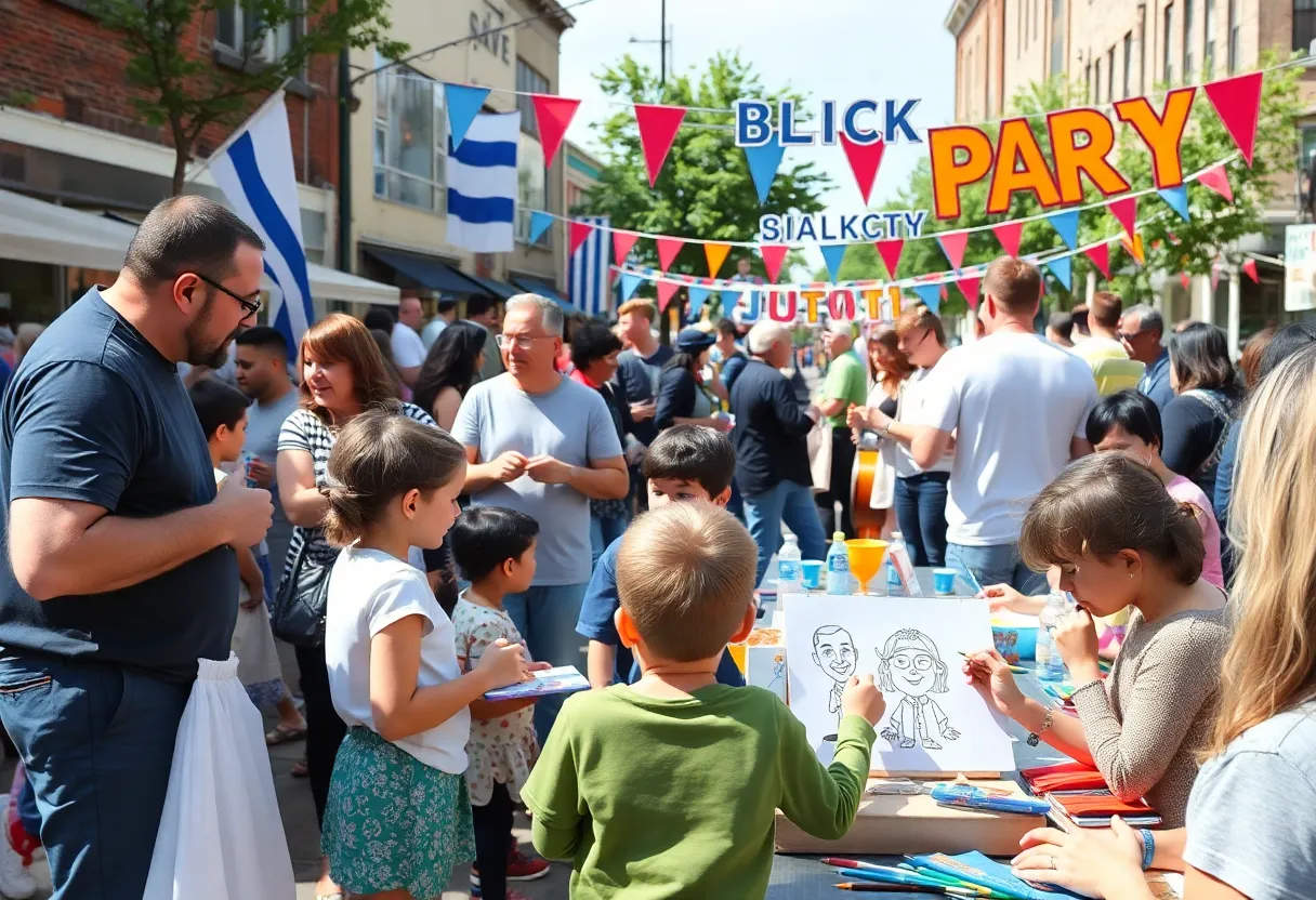 Families enjoying the Detroit Block Party with food, music, and art activities