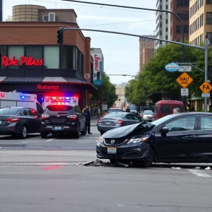 Aftermath of a car accident on Gratiot Avenue in Detroit with emergency services and damaged vehicles.