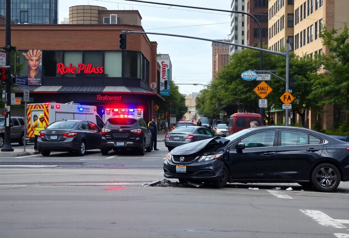 Aftermath of a car accident on Gratiot Avenue in Detroit with emergency services and damaged vehicles.