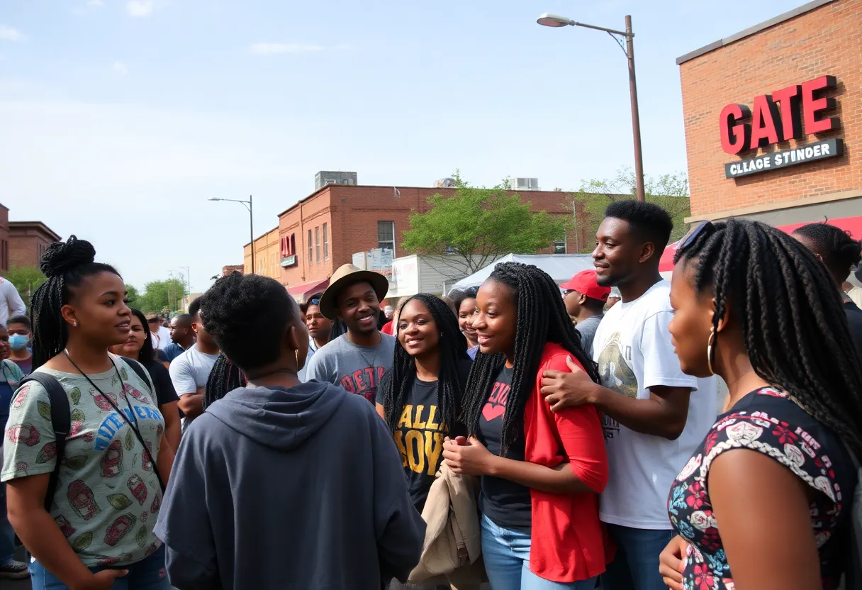 A community gathering in Detroit representing diverse cultures and youth involvement.