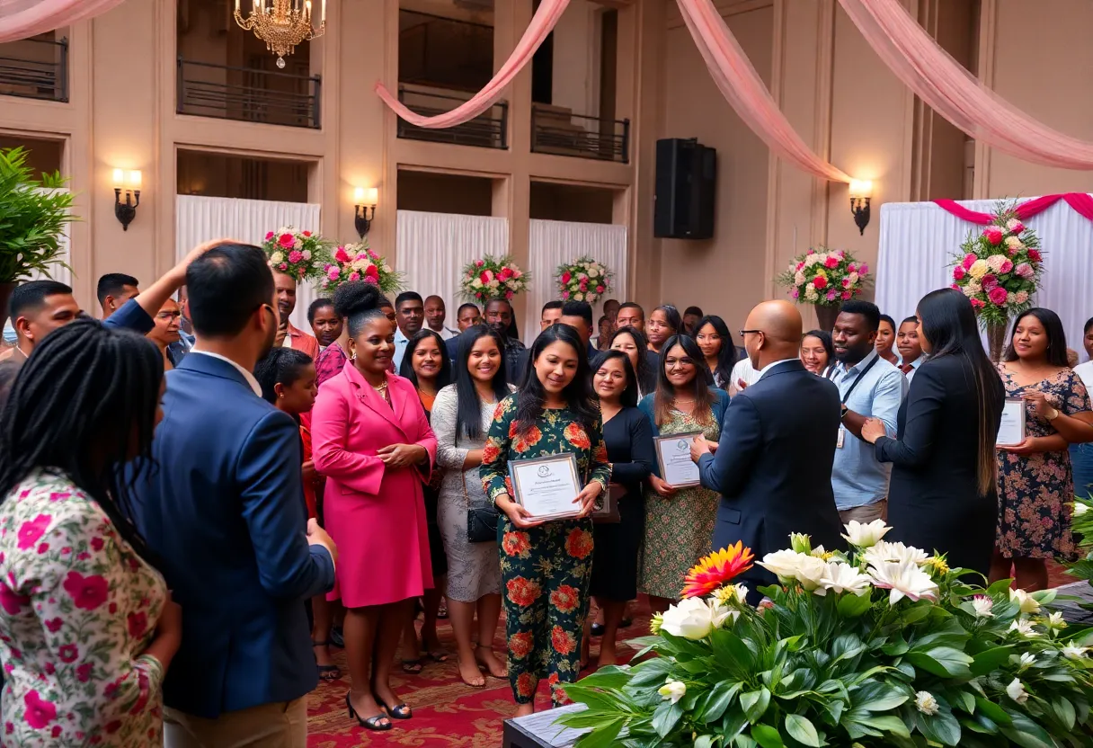 Diverse community leaders celebrating at a gala in Detroit