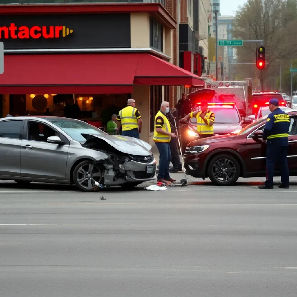 Scene of a head-on collision in Detroit's East Side with damaged vehicles and emergency responders.
