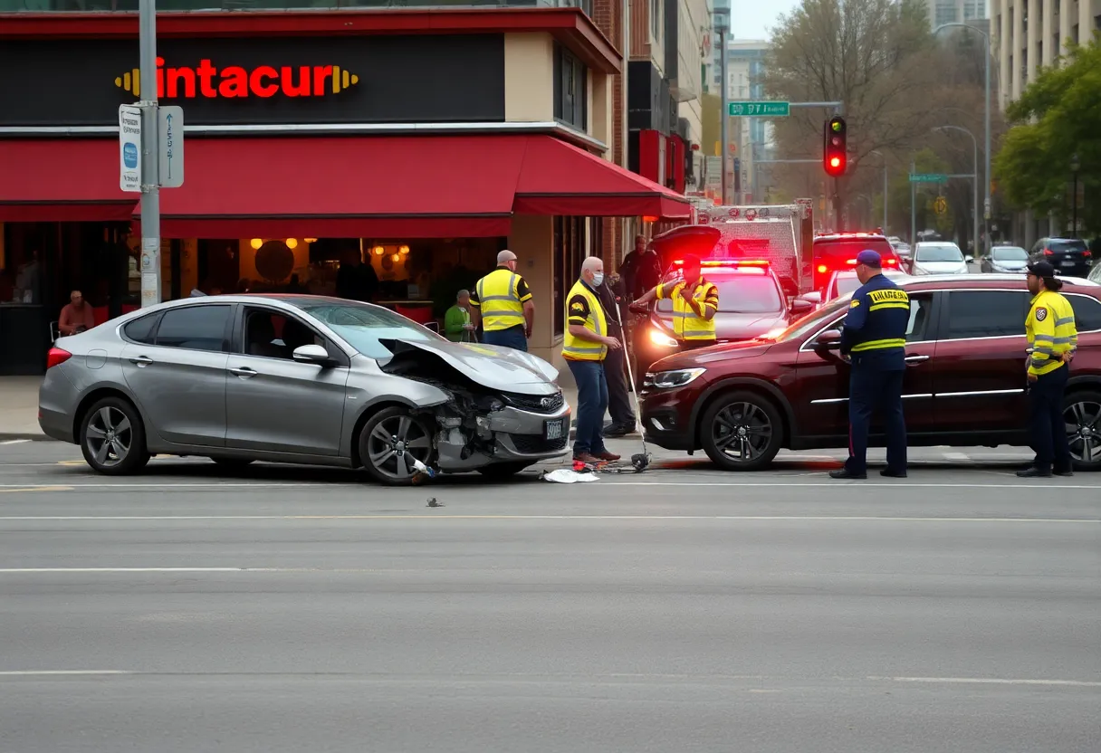 Scene of a head-on collision in Detroit's East Side with damaged vehicles and emergency responders.