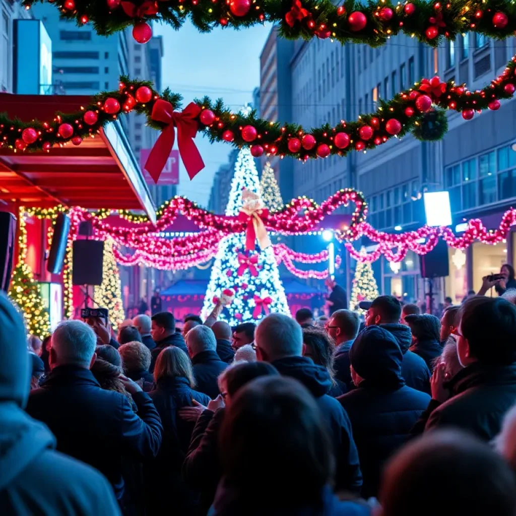 Crowd enjoying a concert in Detroit decorated for the holiday season.