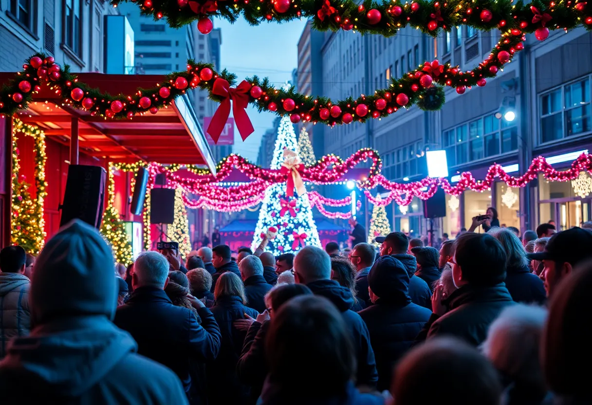 Crowd enjoying a concert in Detroit decorated for the holiday season.