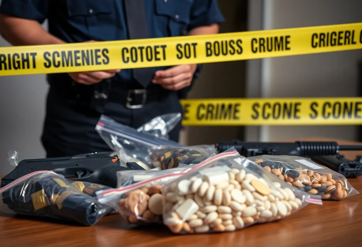 Police officer inspecting seized drugs and firearms