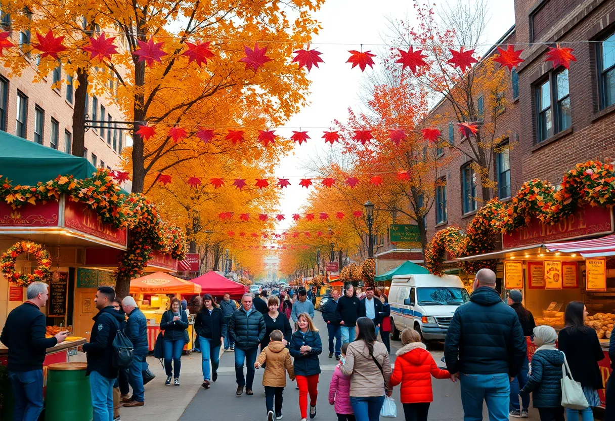 People enjoying fall festivals in Detroit with colorful autumn decorations.