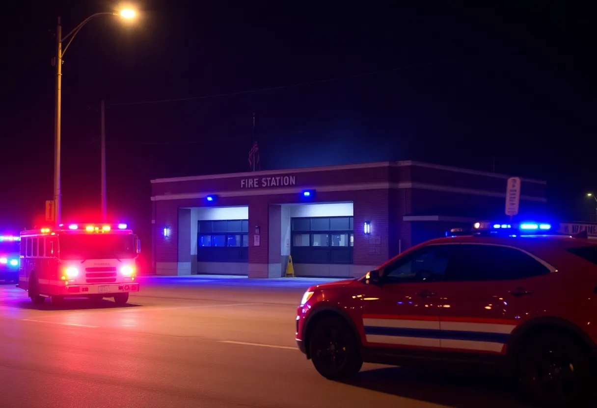 Fire station in Detroit with police presence and emergency lights