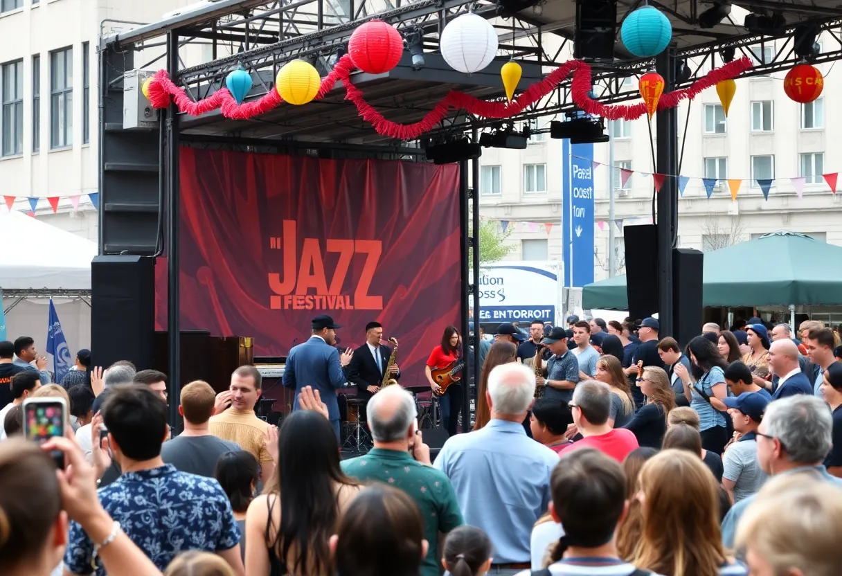 Crowd enjoying the Detroit Jazz Festival with musicians on stage