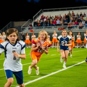 High school football players and cheerleaders celebrating teamwork and community support.