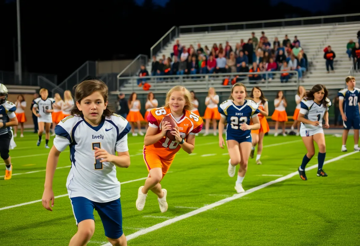 High school football players and cheerleaders celebrating teamwork and community support.