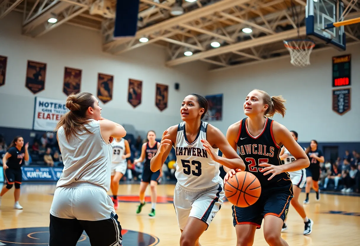 Women’s basketball players in action on the court with a coach observing.