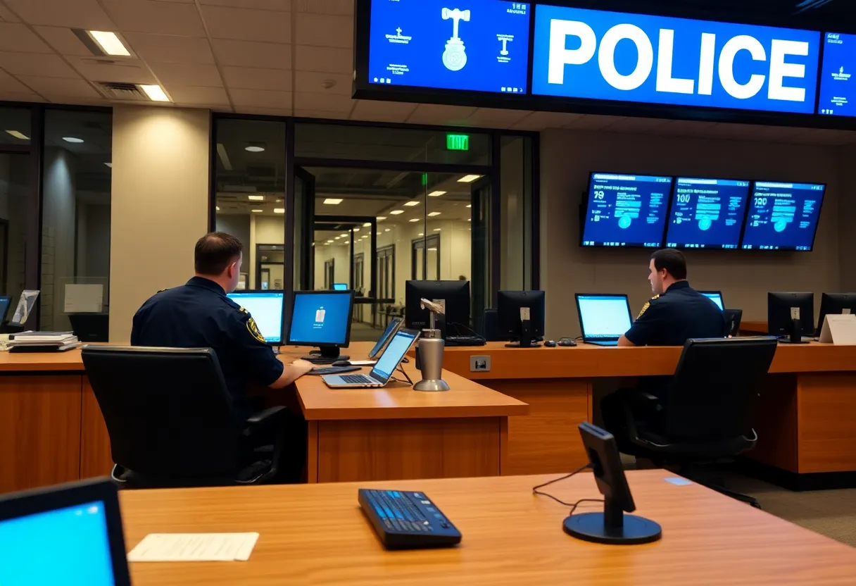 Facade of a Detroit police station with digital technology elements.